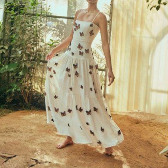 chinese dress ladies Agua By Agua Bendita Lima Embroidered Butterfly Linen Dress